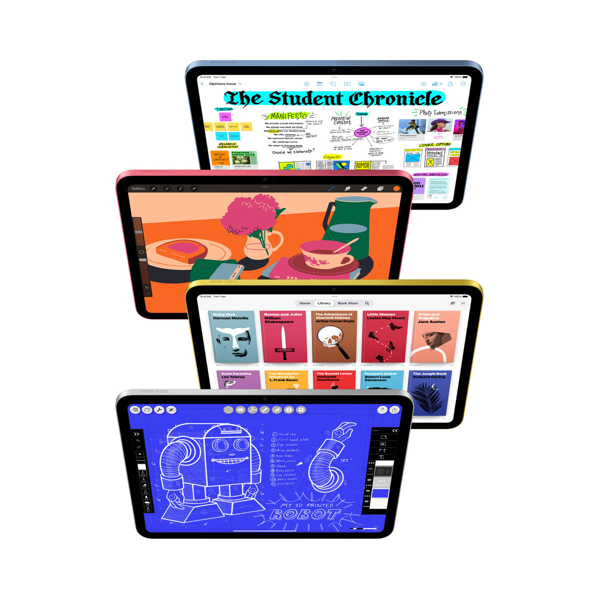 Four varying screen displays showcased on the Apple iPad A16 Wi-Fi 128GB Blue from Tradeline Egypt.