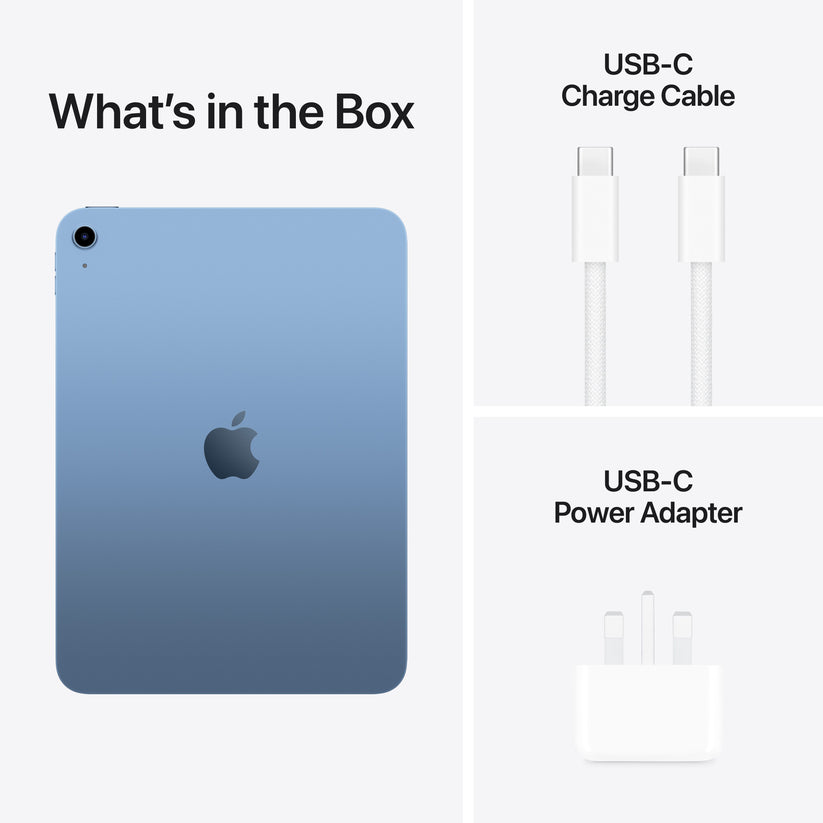 Package contents featuring charging adapter and USB cable for Apple iPad A16 128GB Blue at Tradeline.