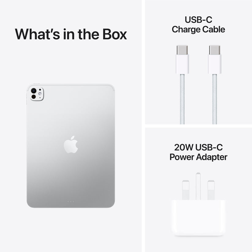 In-box contents including charging cable and adapter for Apple iPad Pro M5 11-inch 1TB Nano-texture Silver at Tradeline.
