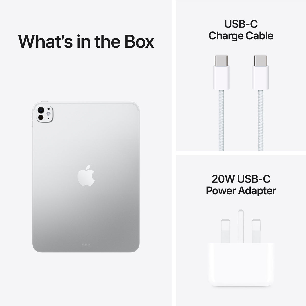 Package contents containing power adapter and USB cable for Apple iPad Pro M5 11-inch 256GB Silver at Tradeline.