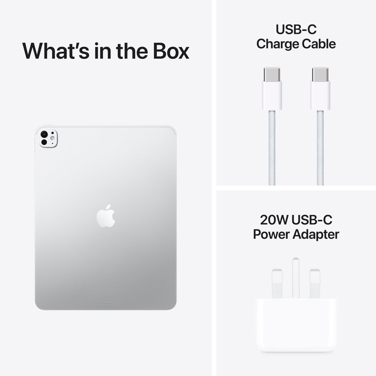 Included accessories featuring cable and charging adapter for Apple iPad Pro M5 13-inch 2TB Silver at Tradeline.