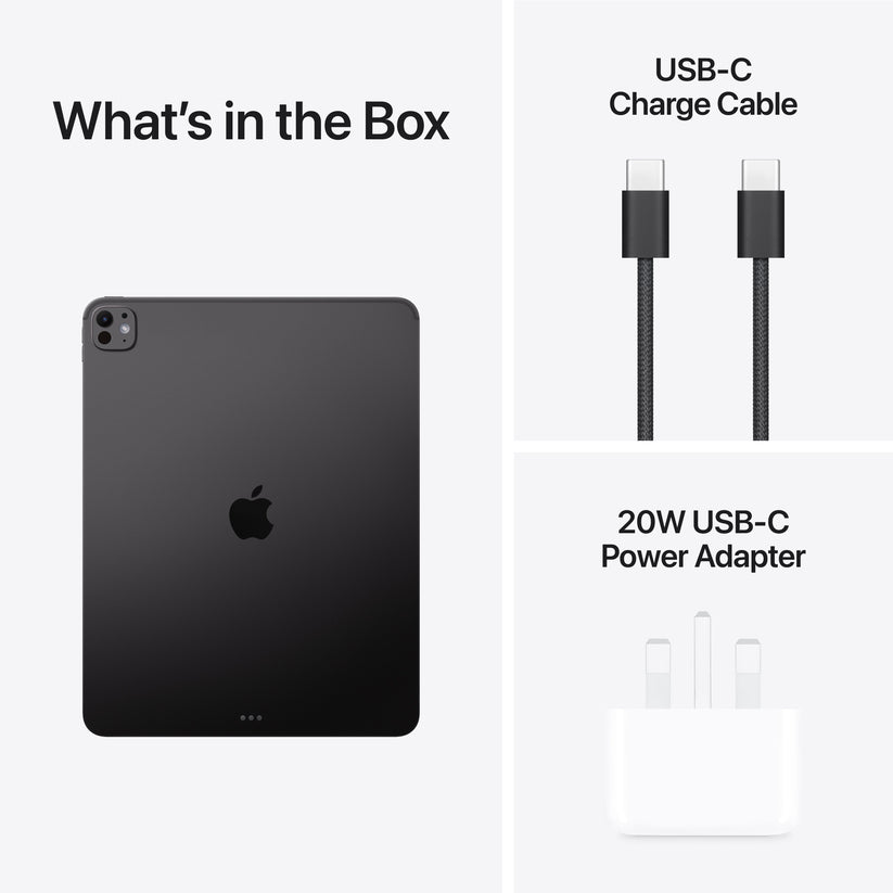Box contents showing charger adapter and USB-C cable for Apple iPad Pro M5 13-inch 2TB Space Black at Tradeline.