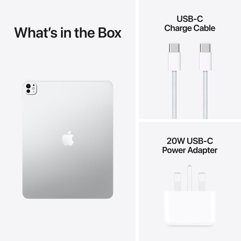 Package contents showing cable and power adapter for Apple iPad Pro M5 13-inch 2TB Standard Glass Silver at Tradeline.