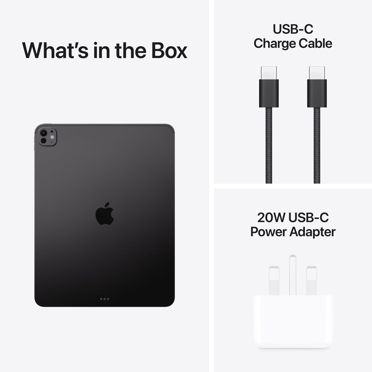 Included USB cable and charging adapter inside the box of Apple iPad Pro M5 13-inch 2TB Space Black at Tradeline.