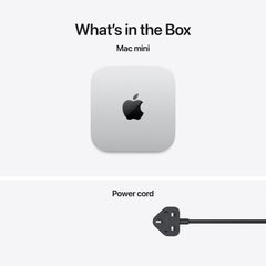 Out-of-box presentation featuring the Mac mini M6 256GB Silver and power supply cord at Tradeline Egypt.