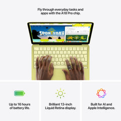 Feature graphic highlighting up to 16 hours of battery life on the 13-inch MacBook Neo Citrus at Tradeline.