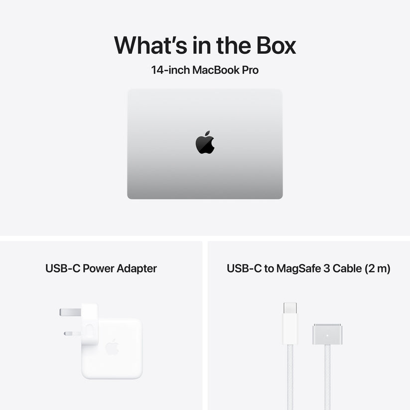 Package contents detailing the charging cable and wall adapter for 14-inch MacBook Pro M5 1TB Silver at Tradeline.
