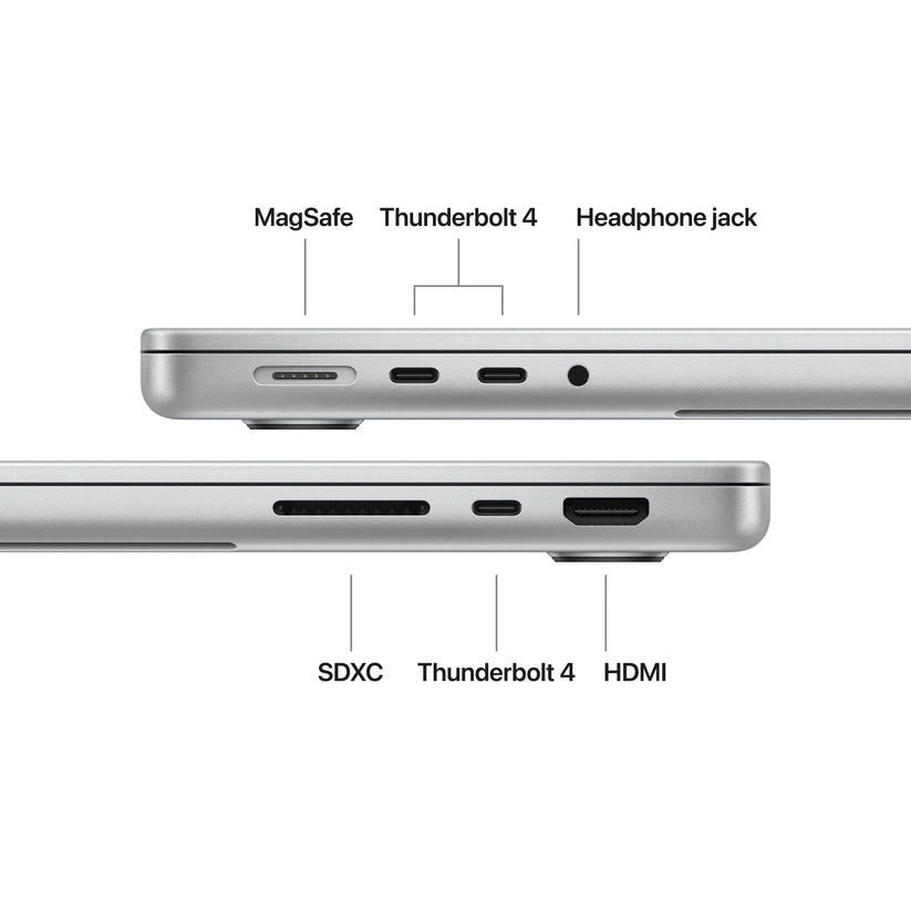 Side profile showing integrated connectivity ports on 14-inch MacBook Pro M5 1TB Silver at Tradeline.
