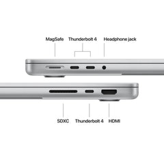 Side view detailing high-speed Thunderbolt ports on 14-inch MacBook Pro M5 1TB Silver at Tradeline.