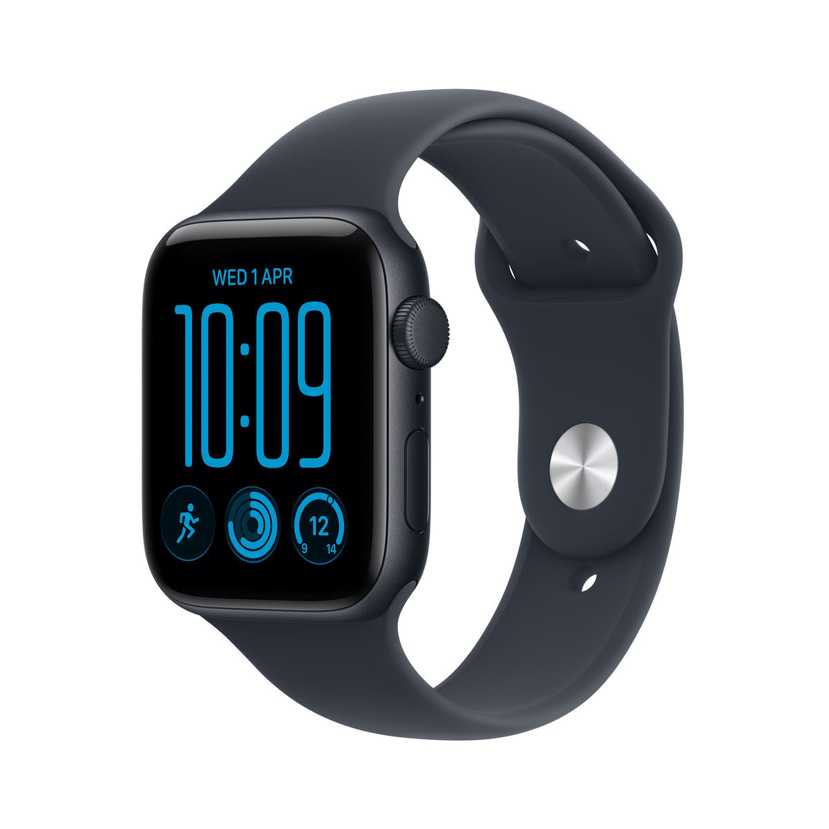 Front side perspective shot of the Apple Watch SE 3 GPS 40mm Midnight Aluminum Case with Navy Blue Sport Band M/L at Tradeline.