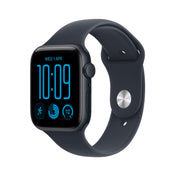 Front side perspective shot of the Apple Watch SE 3 GPS 40mm Midnight Aluminum Case with Navy Blue Sport Band M/L at Tradeline.