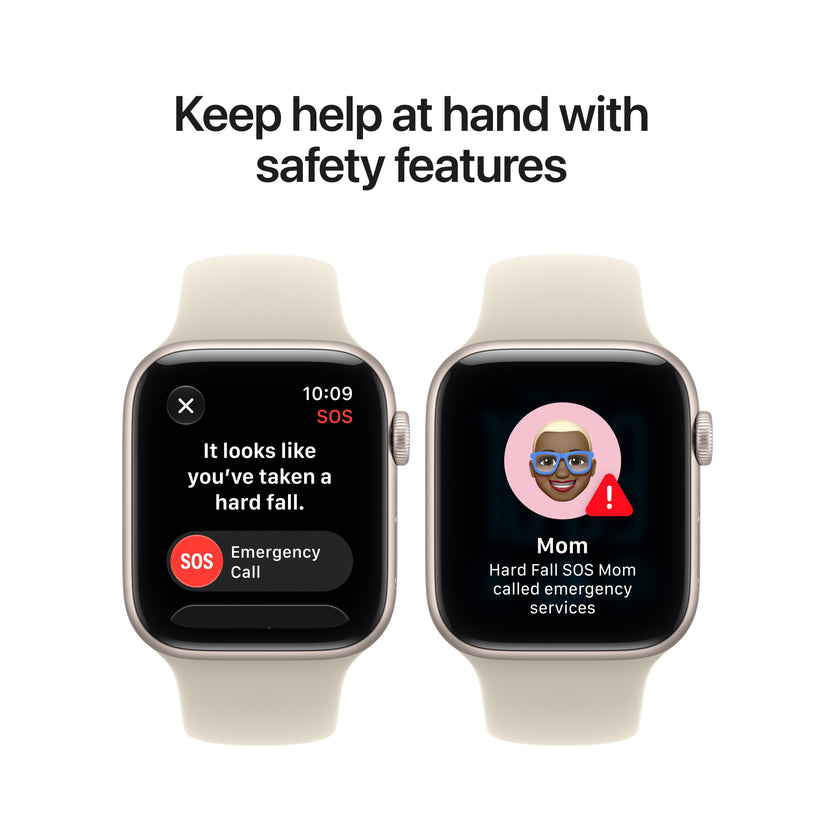 Safety feature screen showing emergency SOS functions on the Apple Watch SE 3 GPS 40mm Starlight Aluminum Sand Sport Band S/M at Tradeline.