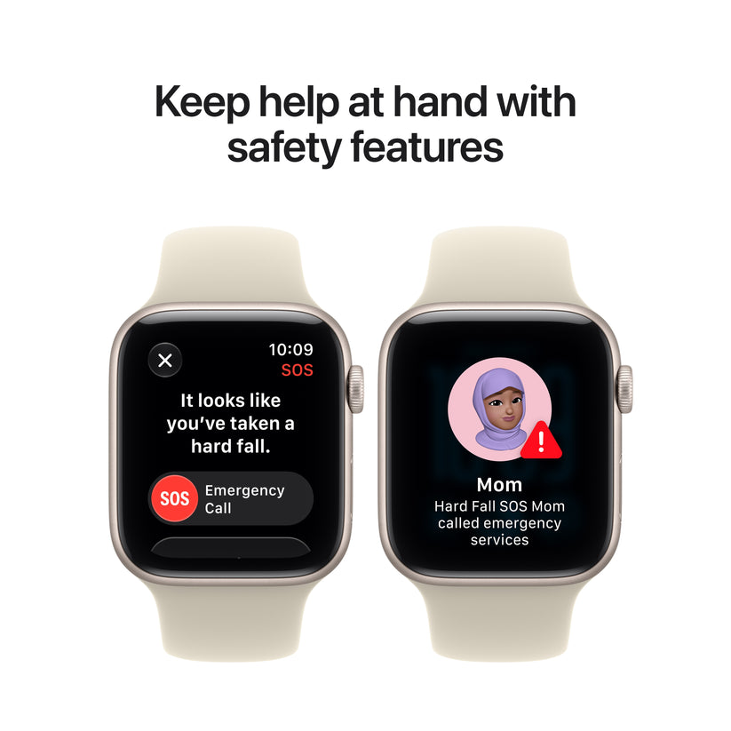 Safety feature interface demonstrating emergency SOS functionality on Apple Watch SE 3 GPS 44mm Midnight Navy Sport Band S/M from Tradeline.