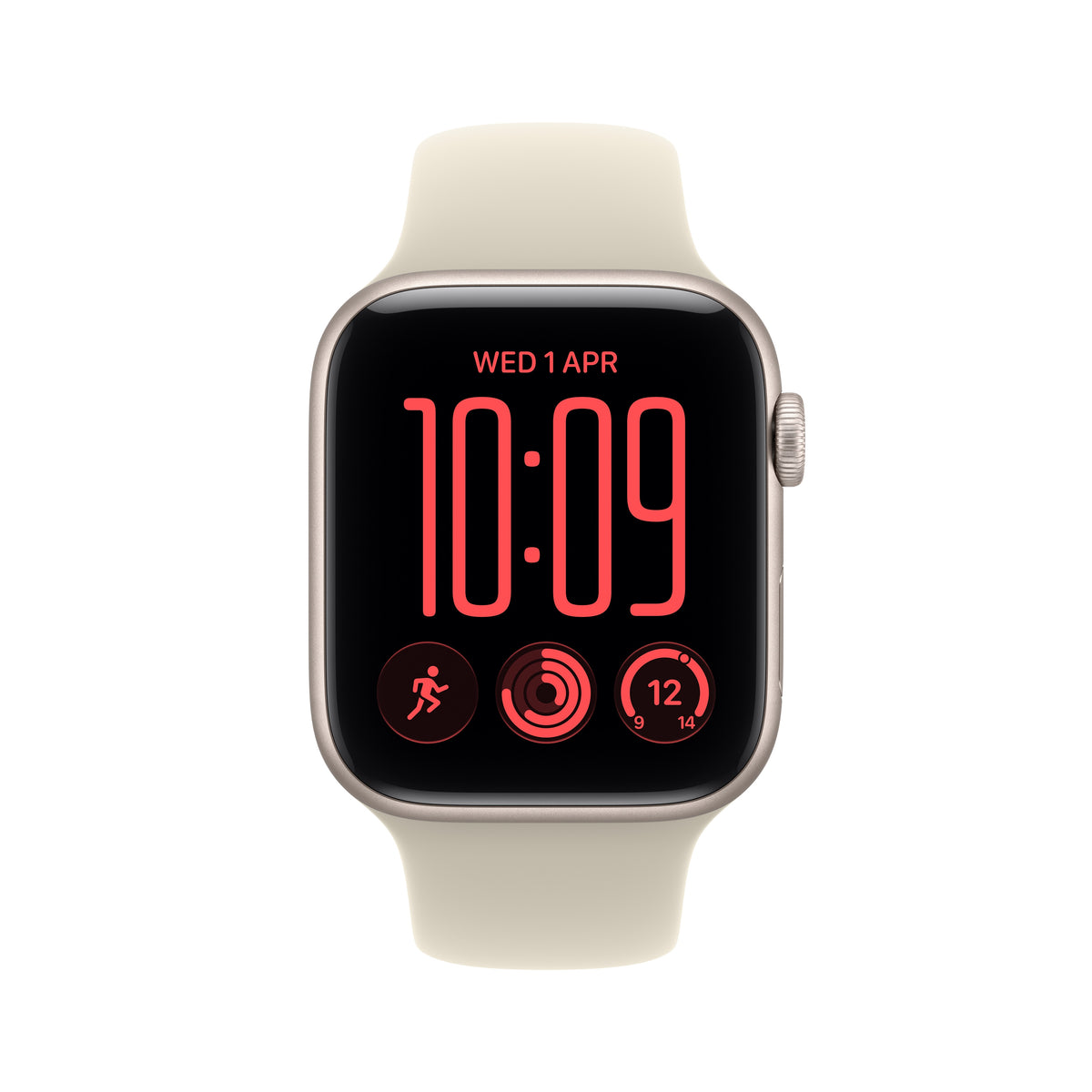 Front display view highlighting the larger screen of the Apple Watch SE 3 GPS 44mm Starlight Aluminum Sand Sport Band M/L from Tradeline.