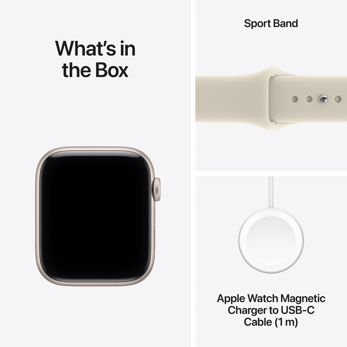 Box contents including the Apple Watch SE 3 GPS 44mm Starlight Aluminum, Sand Sport Band M/L, and magnetic charging cable at Tradeline.