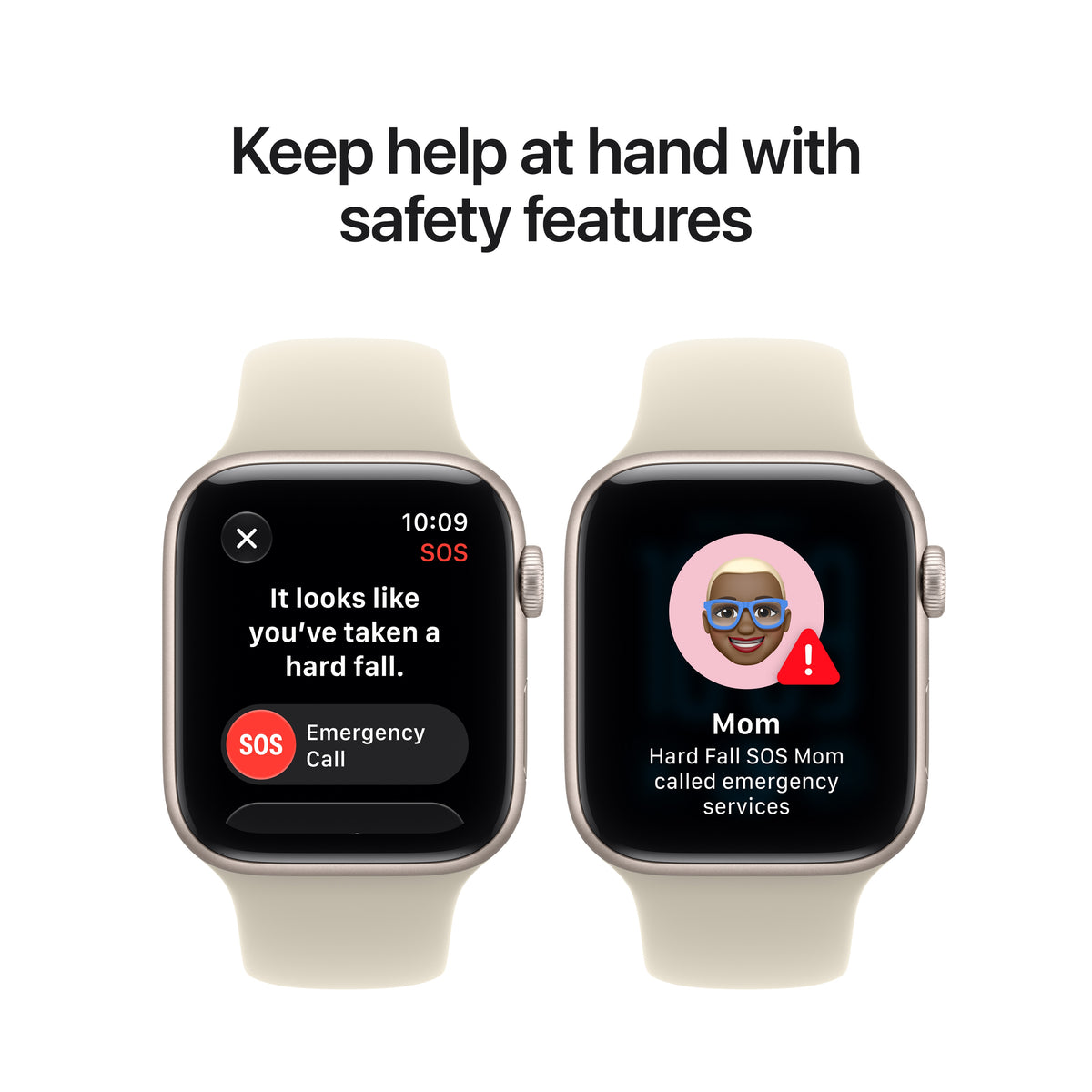 Display illustrating Emergency SOS and Fall Detection on the Apple Watch SE 3 GPS 44mm Starlight Sand Sport Band S/M from Tradeline.