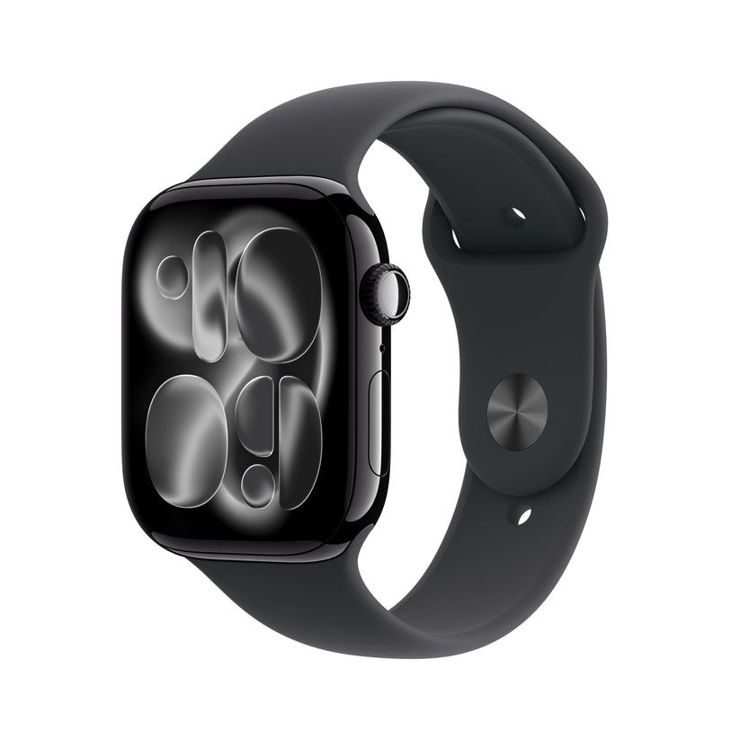 Front slight left display view of the Apple Watch Series 11 GPS 42mm Jet Black Aluminium Case with Black Sport Band M/L available at Tradeline.
