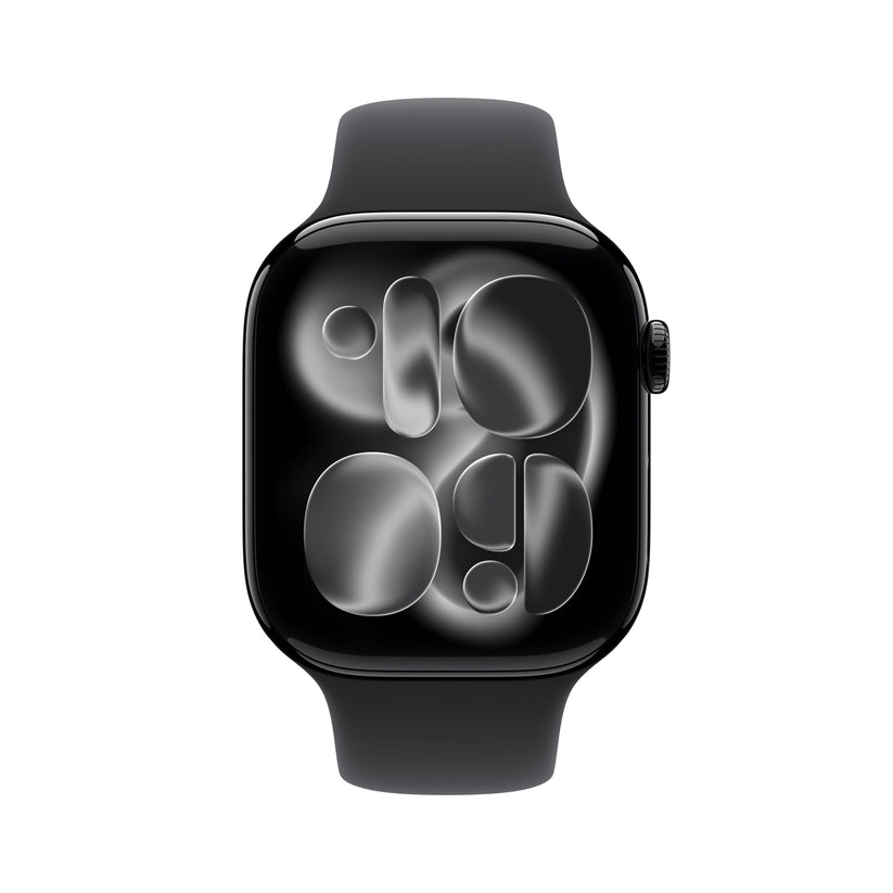 Front view of the Apple Watch Series 11 GPS 42mm Jet Black Aluminium Case with Black Sport Band M/L from Tradeline Egypt.
