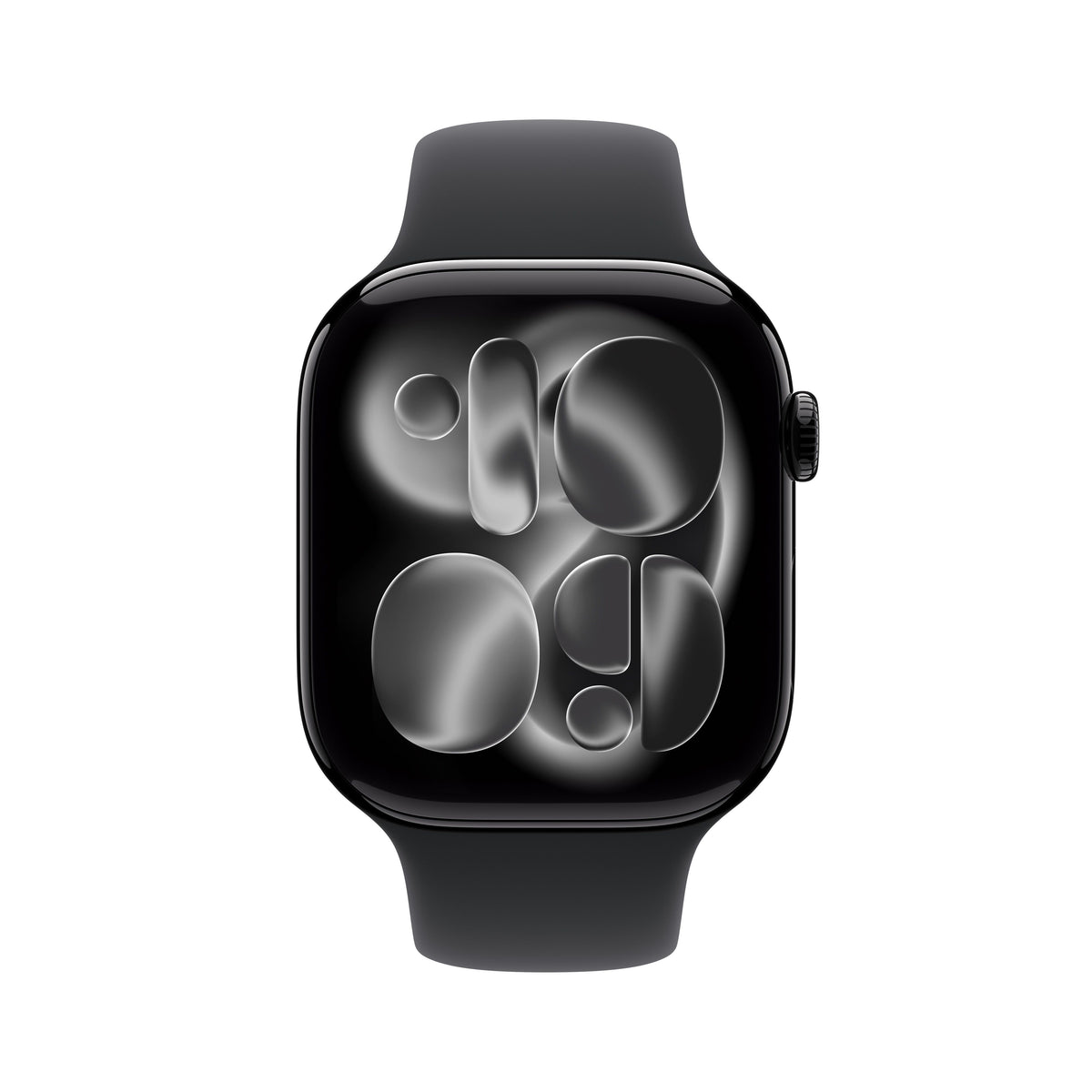 Front view of the Apple Watch Series 11 GPS 42mm Jet Black Aluminium Case with Black Sport Band S/M from Tradeline Egypt.
