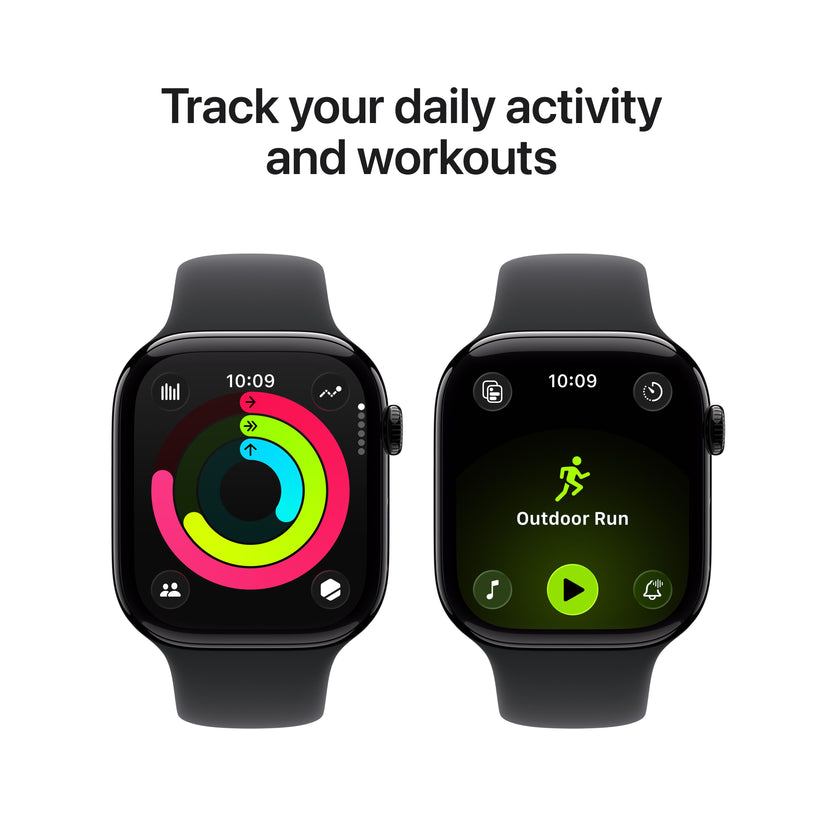 Promotional graphic showing daily activity and workout tracking features for the Apple Watch Series 11 42mm Jet Black S/M variant from Tradeline.
