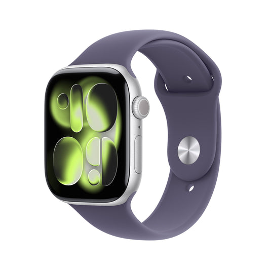 Front slight left display view of the Apple Watch Series 11 GPS 42mm Silver Aluminium Case with Purple Fog Sport Band M/L available at Tradeline.

