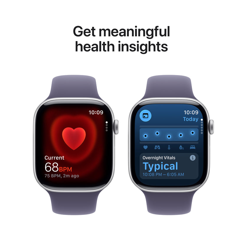 Infographic highlighting meaningful health insights available on the Apple Watch Series 11 GPS 42mm Silver M/L at Tradeline.
