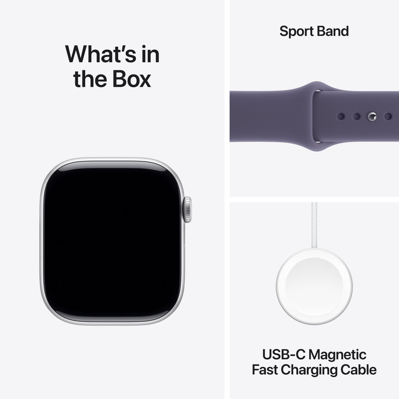 What is inside the official retail packaging box for the Apple Watch Series 11 GPS 42mm Silver Aluminium Case with Purple Fog Sport Band M/L at Tradeline.
