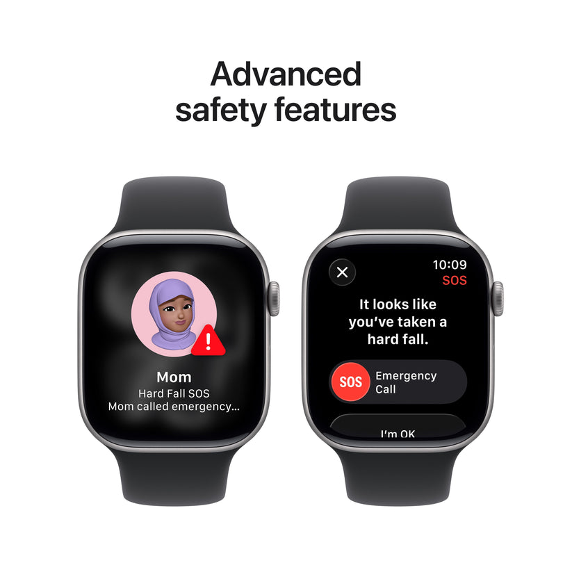 Display highlighting advanced safety features built into the Apple Watch Series 11 GPS 42mm Space Grey Aluminium Case S/M at Tradeline.
