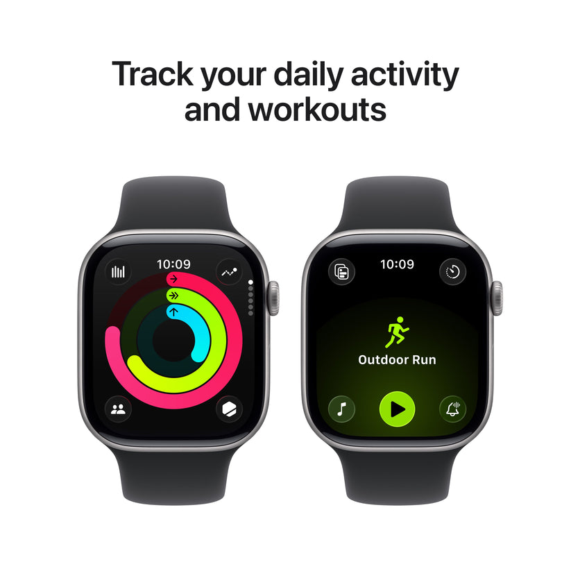 Promotional graphic showing daily activity and workout tracking features for the Apple Watch Series 11 42mm Space Grey S/M variant from Tradeline.
