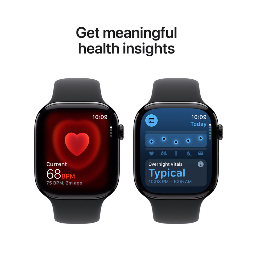 Infographic highlighting meaningful health insights available on the Apple Watch Series 11 GPS 46mm Jet Black M/L at Tradeline.