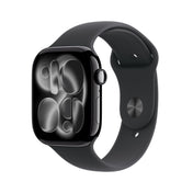 Front slight left display view of the Apple Watch Series 11 GPS 46mm Jet Black Aluminium Case with Black Sport Band S/M available at Tradeline