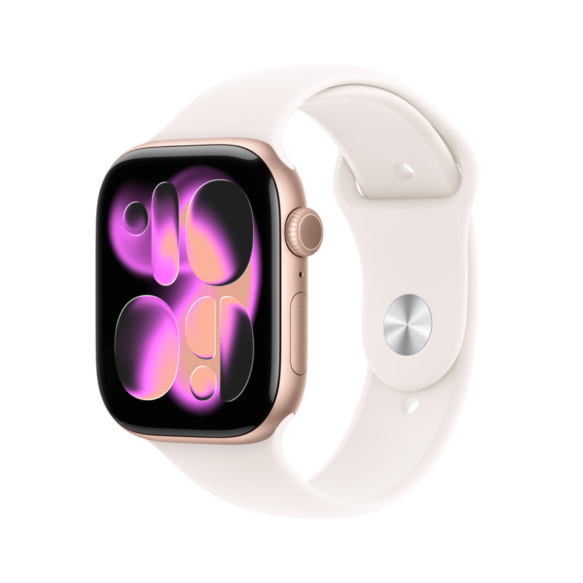 Front slight left display view of the Apple Watch Series 11 GPS 46mm Rose Gold Aluminium Case with Light Blush Sport Band S/M available at Tradeline.

