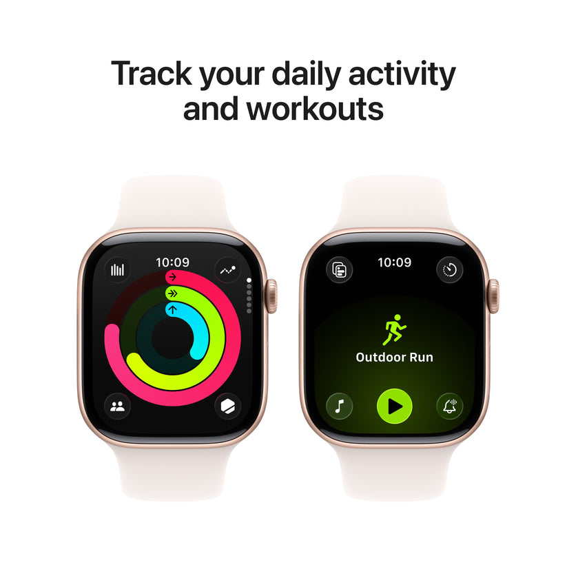 Promotional graphic showing daily activity and workout tracking features for the Apple Watch Series 11 Rose Gold S/M variant from Tradeline.
