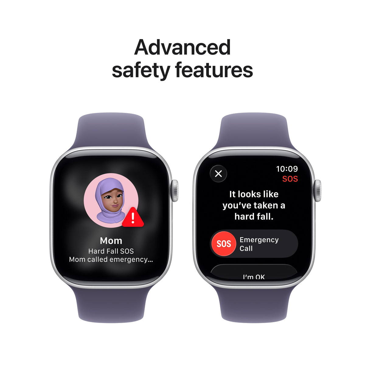 Display highlighting advanced safety features built into the Apple Watch Series 11 GPS 46mm Silver Aluminium Case S/M at Tradeline.