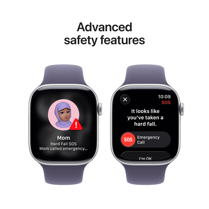 Display highlighting advanced safety features built into the Apple Watch Series 11 GPS 46mm Silver Aluminium Case S/M at Tradeline.