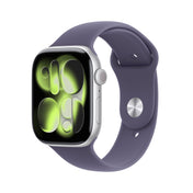Front slight left display view of the Apple Watch Series 11 GPS 46mm Silver Aluminium Case with Purple Fog Sport Band S/M available at Tradeline.