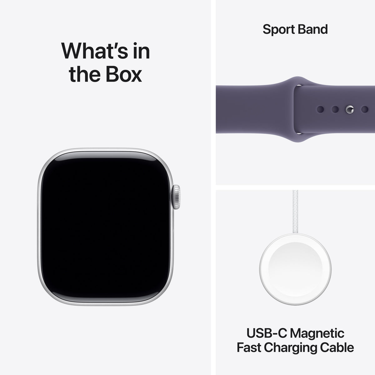 What is inside the official retail packaging box for the Apple Watch Series 11 GPS 46mm Silver Aluminium Case with Purple Fog Sport Band S/M at Tradeline.