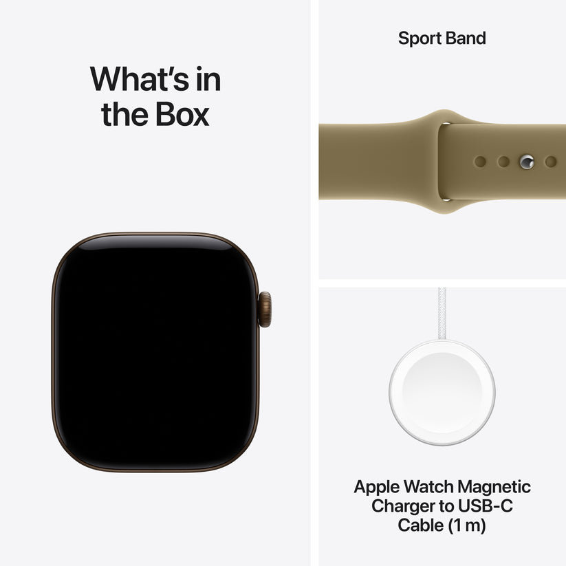 Package contents breakdown displaying Apple Watch Series 12 GPS 42mm Dark Bronze, Olive Sport Band M/L, and magnetic charger at Tradeline.