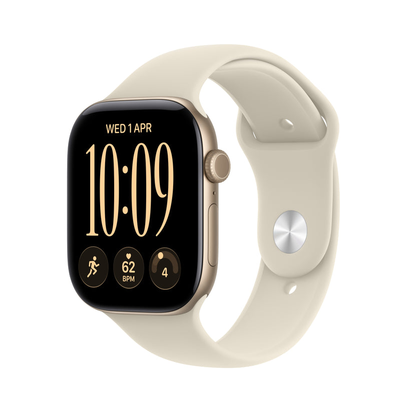 Front side perspective view of the compact Apple Watch Series 12 GPS 42mm Light Gold Aluminum Case with Sand Sport Band S/M at Tradeline.