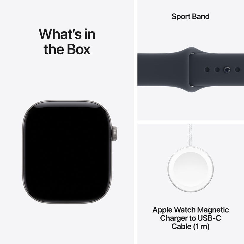 Unboxed retail items including Apple Watch Series 12 GPS 42mm Space Gray, Navy Blue Sport Band S/M, and magnetic charger at Tradeline.