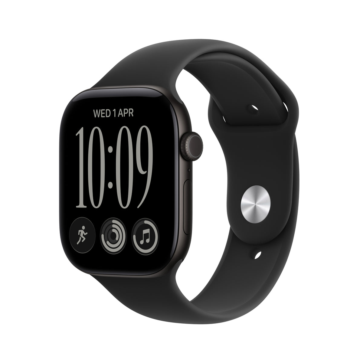 Front side angle view of the Apple Watch Series 12 GPS 46mm Black Aluminum Case with Black Sport Band S/M at Tradeline.