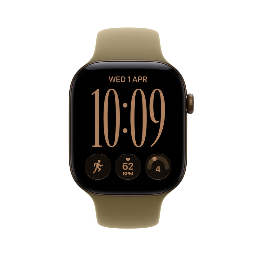 Front display screen view of the Apple Watch Series 12 GPS 46mm Dark Bronze Aluminum Olive Sport Band M/L from Tradeline.
