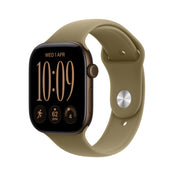 Angled front side view of the Apple Watch Series 12 GPS 46mm Dark Bronze Aluminum Case with Olive Sport Band S/M at Tradeline.