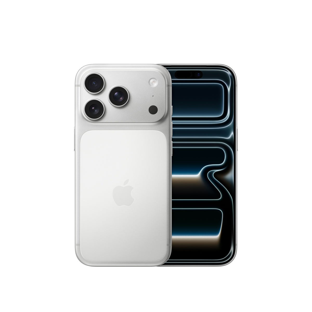 The Apple iPhone 17 Pro 1TB in Silver, showcasing the dual-tone rear glass design and triple-camera module alongside the front display.