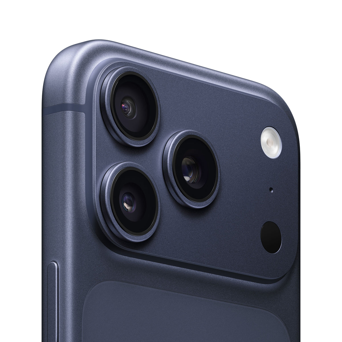 A close-up view of the rear camera module on the iPhone 17 Pro in Deep Blue, showcasing the triple-lens arrangement, flash, microphone, and the distinctive raised camera housing.