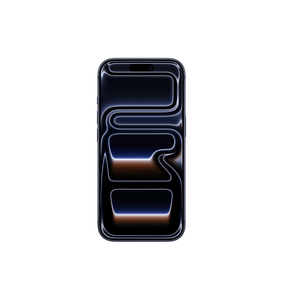 A front-facing view of the iPhone 17 Pro in Deep Blue, showing the edge-to-edge display with the Dynamic Island and an abstract, dark-toned wallpaper.