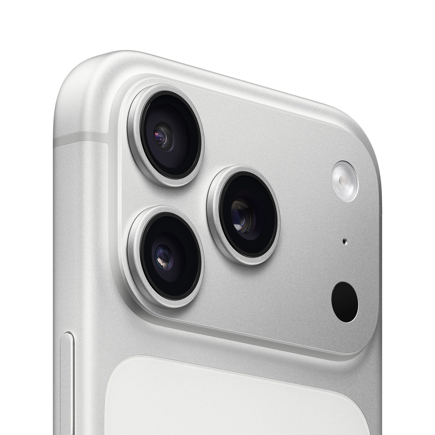 A close-up view of the silver iPhone 17 Pro back, showcasing its triple-lens camera module, flash, and sleek metallic finish