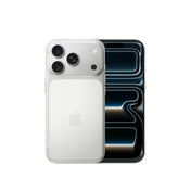 The Apple iPhone 17 Pro in Silver, showcasing the dual-tone rear glass design and triple-camera module alongside the front display.