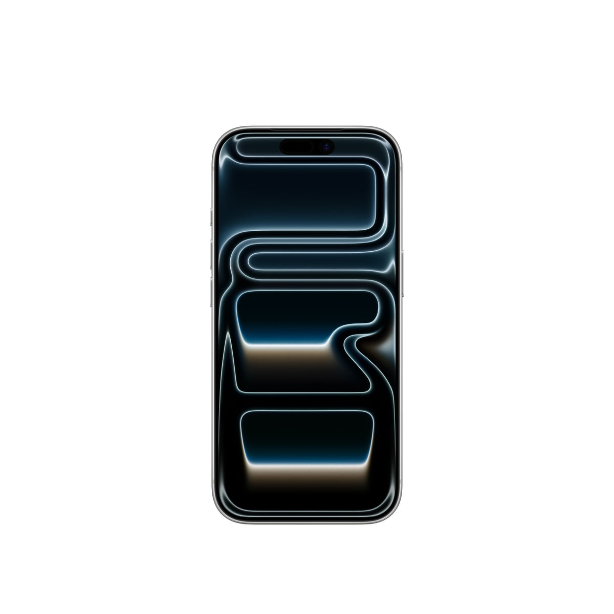 The front-facing view of the iPhone 17 Pro in Silver, highlighting the edge-to-edge display with the Dynamic Island and an abstract, flowing dark wallpaper.