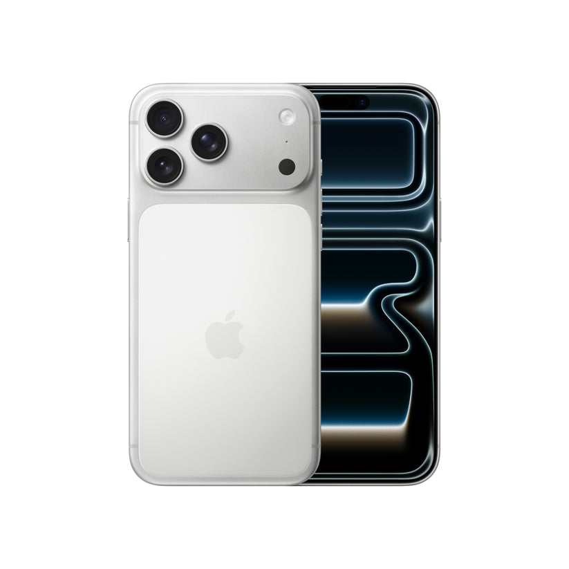 The Apple iPhone 17 Pro Max 256GB in Silver, showcasing the dual-tone rear glass design and triple-camera module alongside the front display.